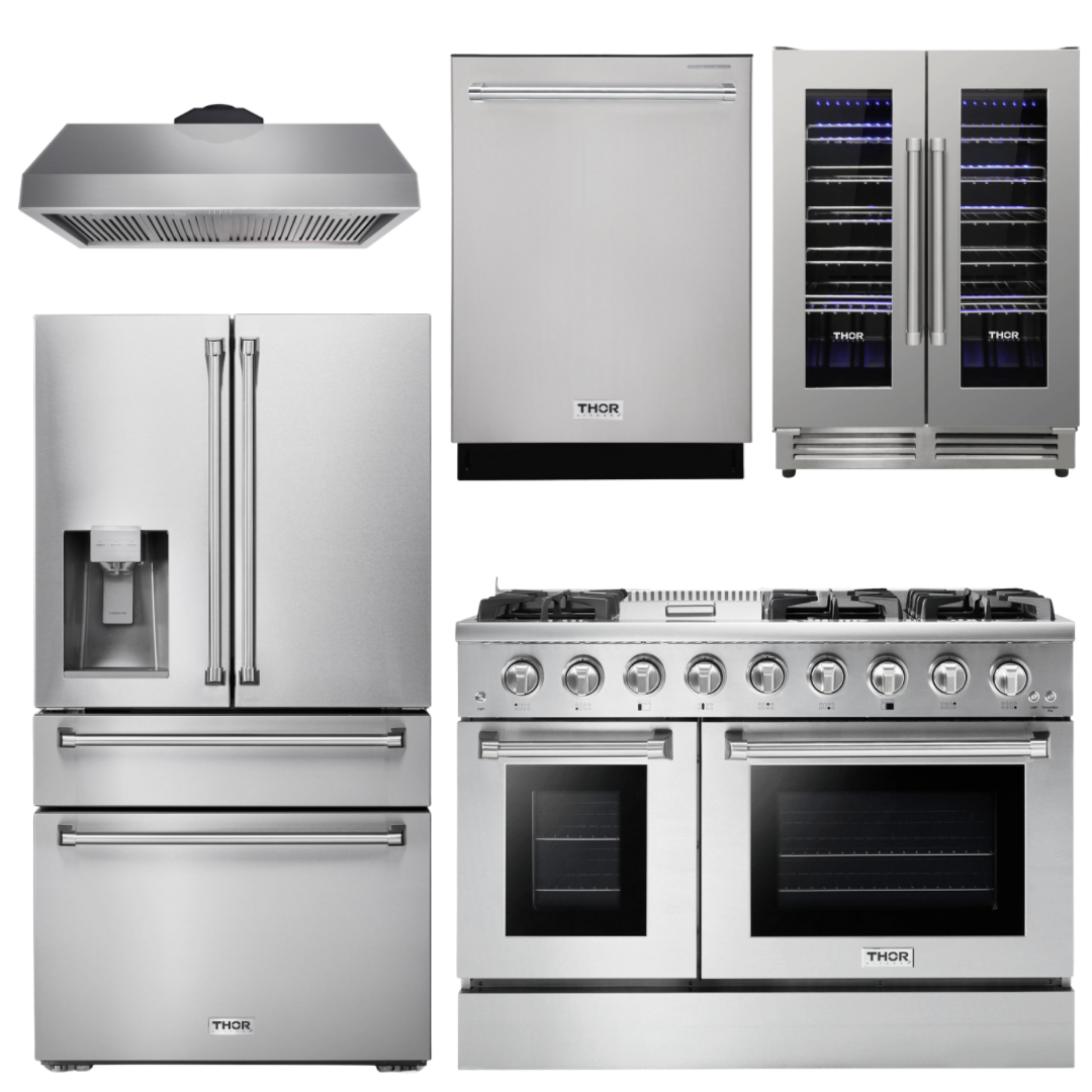 THOR Kitchen Package - 48" Gas Range, Range Hood, Refrigerator with Water and Ice Dispenser, Dishwasher, Wine Cooler, AP-HRG4808U-11