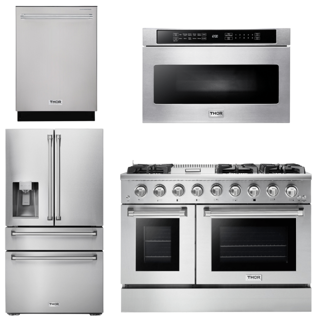 THOR Kitchen Package - 48" Propane Gas Range, Refrigerator with Water and Ice Dispenser, Dishwasher, Microwave, AP-HRG4808ULP-12