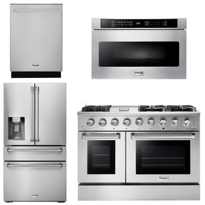 THOR Kitchen Package - 48" Propane Gas Range, Refrigerator with Water and Ice Dispenser, Dishwasher, Microwave, AP-HRG4808ULP-12