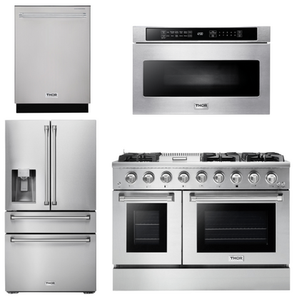 THOR Kitchen Package - 48" Propane Gas Range, Refrigerator with Water and Ice Dispenser, Dishwasher, Microwave, AP-HRG4808ULP-12