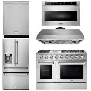 THOR Kitchen Package 48" Gas Range, Range Hood, Refrigerator with Water and Ice Dispenser, Dishwasher, Microwave, AP-HRG4808U-13