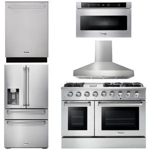 THOR Kitchen Package 48" Propane Gas Range, Range Hood, Refrigerator with Water and Ice Dispenser, Dishwasher, Microwave, AP-HRG4808ULP-W-9