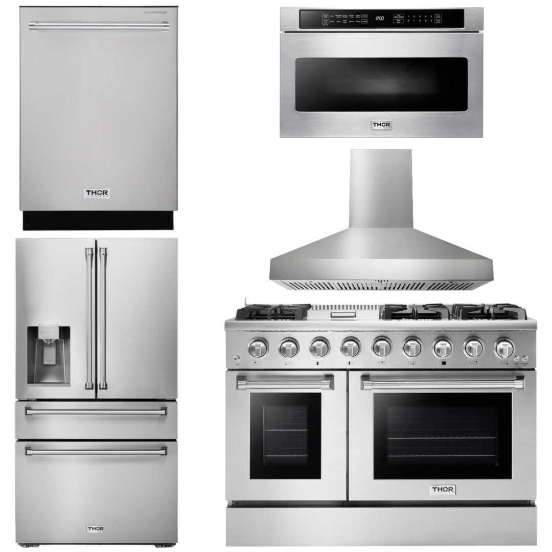 THOR Kitchen Package 48" Gas Range, Range Hood, Refrigerator with Water and Ice Dispenser, Dishwasher, Microwave, AP-HRG4808U-W-9