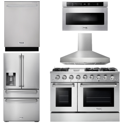 THOR Kitchen Package 48" Gas Range, Range Hood, Refrigerator with Water and Ice Dispenser, Dishwasher, Microwave, AP-HRG4808U-W-9