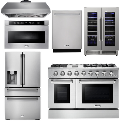 THOR Kitchen Package - 48" Gas Range, Range Hood, Refrigerator with Water and Ice Dispenser, Dishwasher, Microwave, Wine Cooler, AP-HRG4808U-14