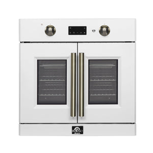FORNO Asti 30" 3.58 cu. ft. French Door Electric Wall Oven with Air Fry, Self-Clean and Sous Vide in White with Antique Brass Accents, FBOEL1333-30WHT