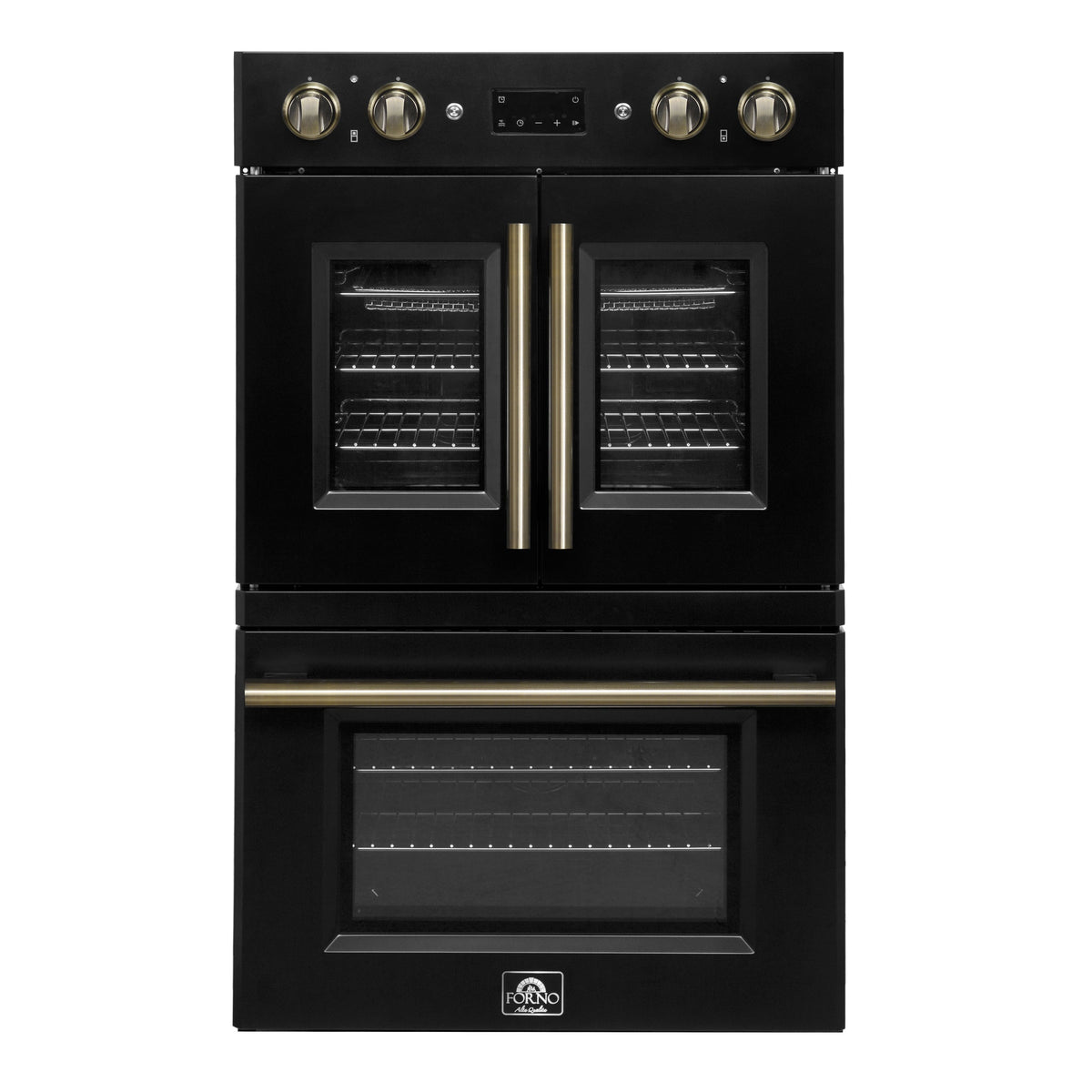 FORNO Asti 30" 7.36 cu. ft. French Door Double Electric Wall Oven with Air Fry, Self-Clean and Sous Vide in Black with Antique Brass Accents, FBOEL1340-30BLK