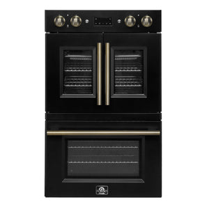 FORNO Asti 30" 7.36 cu. ft. French Door Double Electric Wall Oven with Air Fry, Self-Clean and Sous Vide in Black with Antique Brass Accents, FBOEL1340-30BLK