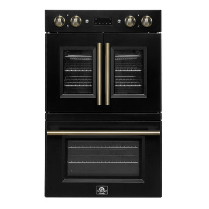 FORNO Asti 30" 7.36 cu. ft. French Door Double Electric Wall Oven with Air Fry, Self-Clean and Sous Vide in Black with Antique Brass Accents, FBOEL1340-30BLK
