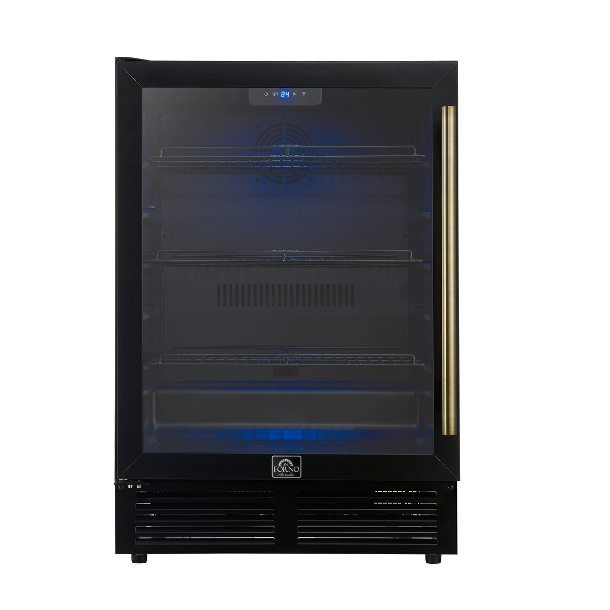 FORNO Frescolino 24" 188 Can Beverage Cooler with LED Lighting and Triple Glass Door in Black with Antique Brass Accents,  FWCDR6665-24BLK