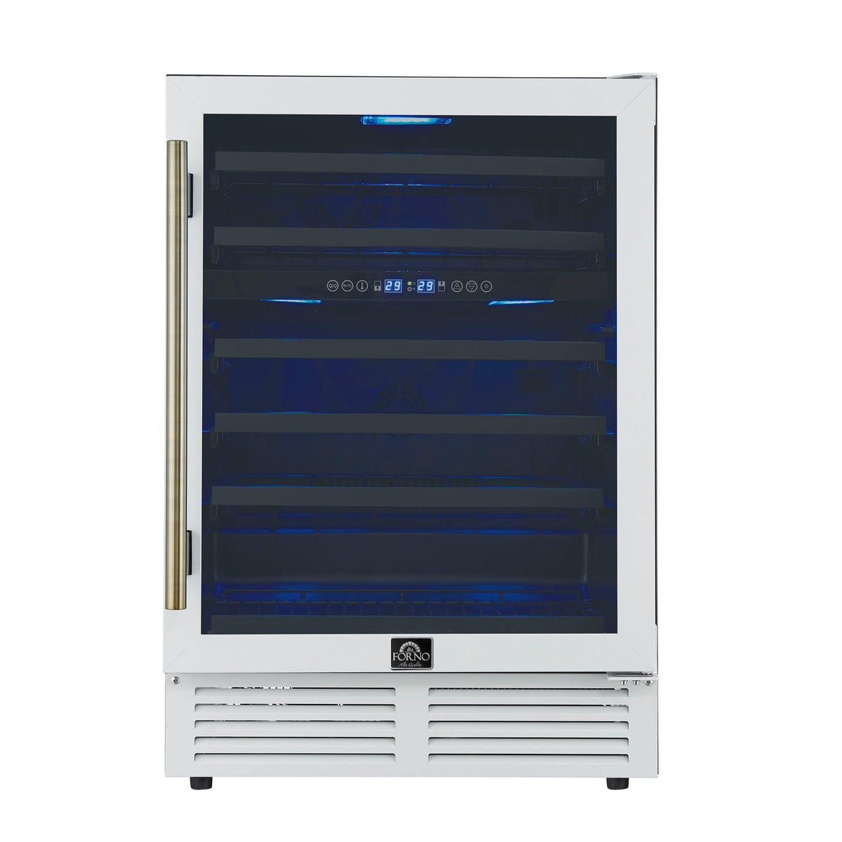 FORNO Bacchino 24" 51 Bottle 2 Zone Wine Cooler with LED Lighting and Triple Glass Door in White with Antique Brass Accents, FWCDR6634-24WHT