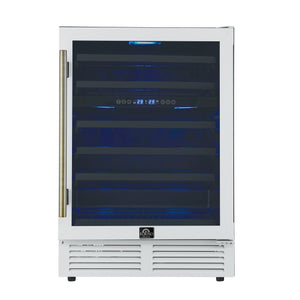 FORNO Bacchino 24" 51 Bottle 2 Zone Wine Cooler with LED Lighting and Triple Glass Door in White with Antique Brass Accents, FWCDR6634-24WHT