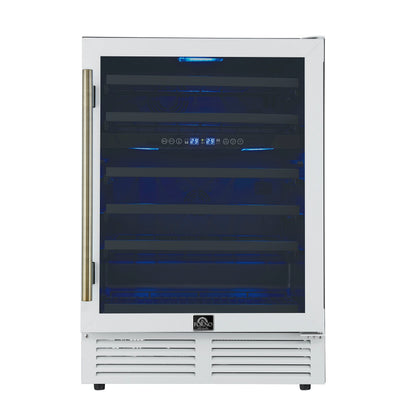 FORNO Bacchino 24" 51 Bottle 2 Zone Wine Cooler with LED Lighting and Triple Glass Door in White with Antique Brass Accents, FWCDR6634-24WHT