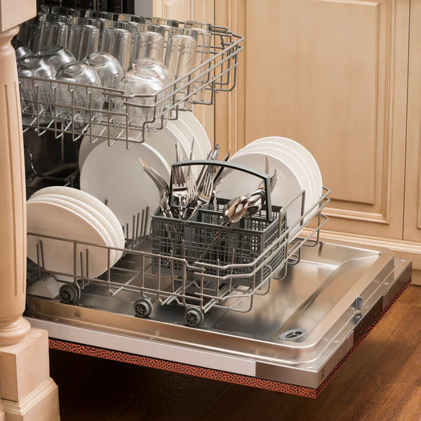 ZLINE 24" Top Control Dishwasher with Stainless Steel Tub and Traditional Handle in Hand Hammered Copper