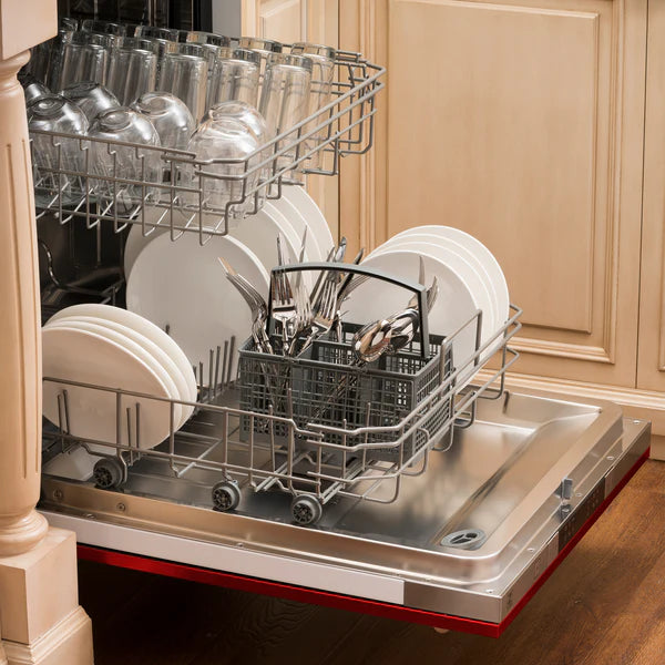 ZLINE 24" Top Control Dishwasher with Stainless Steel Tub and Traditional Handle in Red Gloss 