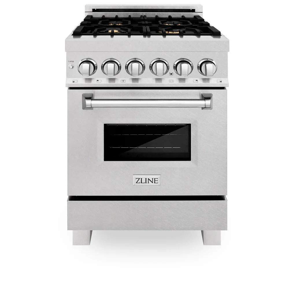 ZLINE 24" 2.8 cu. ft. Dual Fuel Range with Gas Stove and Electric Oven in DuraSnow Stainless Steel and Brass Burners