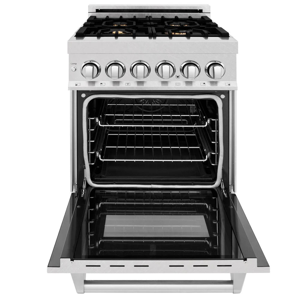 ZLINE 24" 2.8 cu. ft. Dual Fuel Range with Gas Stove and Electric Oven in DuraSnow Stainless Steel and Brass Burners