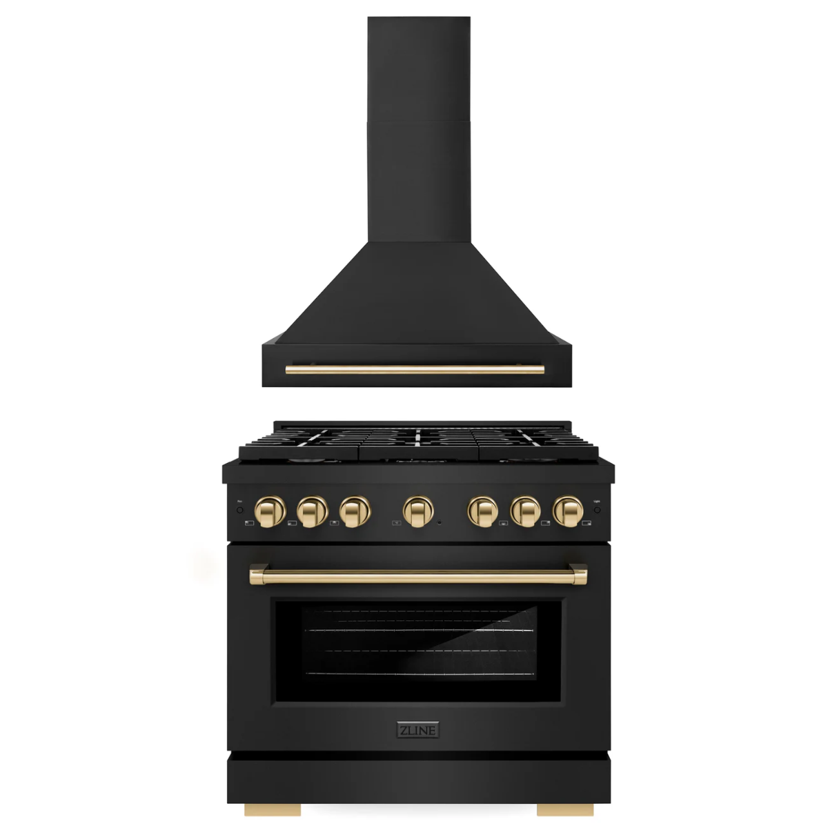 ZLINE Autograph Package - 36 In. Gas Range, Range Hood in Black Stainless Steel with Gold, 2AKP-RGBRH36-G