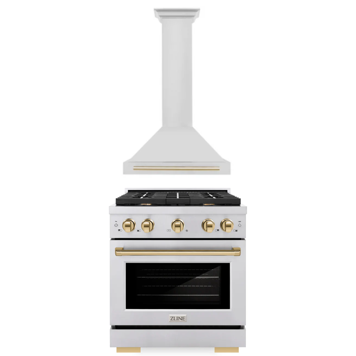 ZLINE Autograph Package - 30 In. Gas Range, Range Hood in Stainless Steel with Gold Accents, 2AKP-RGRH30-G