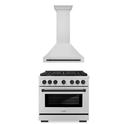 ZLINE Autograph Package - 36 In. Gas Range and Range Hood in Stainless Steel with Matte Black Accents, 2AKP-RGRH36-MB