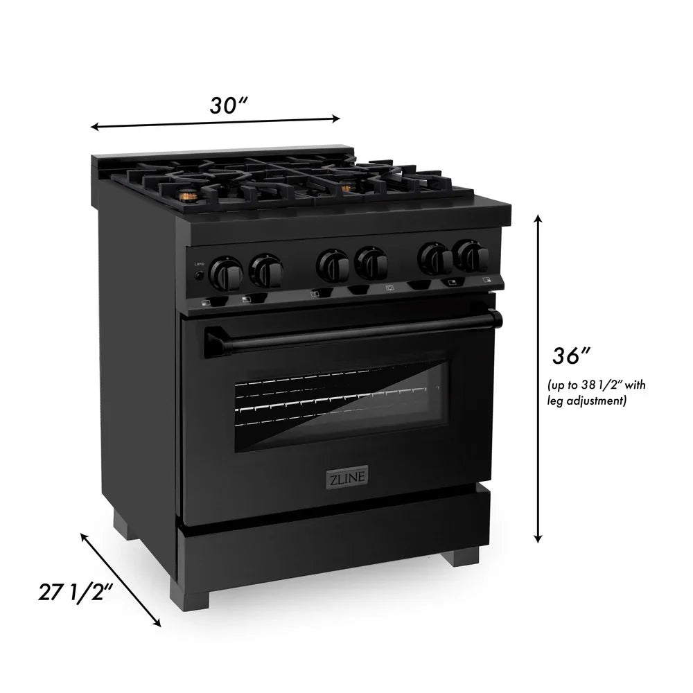 ZLINE 30" Dual Fuel Range in Black Stainless Steel with Brass Burners (RAB-BR-30)