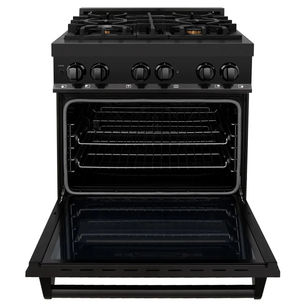 ZLINE 30" Dual Fuel Range in Black Stainless Steel with Brass Burners (RAB-BR-30)