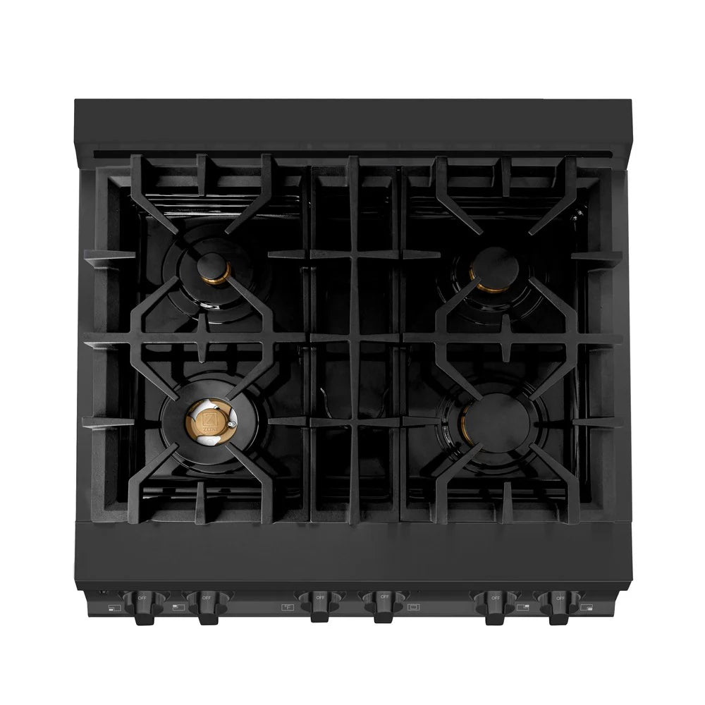 ZLINE 30" 4.0 cu. ft. Dual Fuel Range with Gas Stove and Electric Oven in Black Stainless Steel with Brass Burners