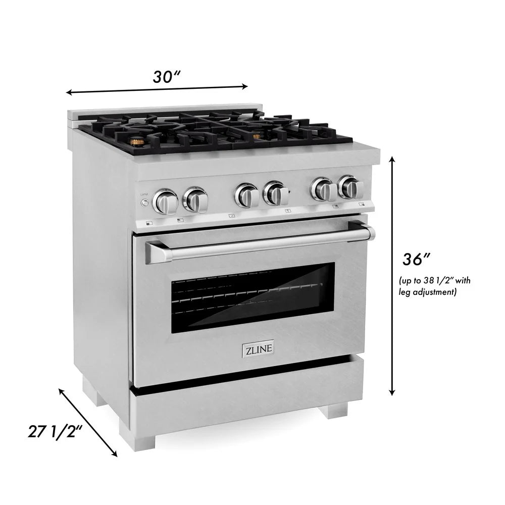 ZLINE 30" 4.0 cu. ft. Dual Fuel Range with Gas Stove and Electric Oven in DuraSnow Stainless Steel and Brass Burners