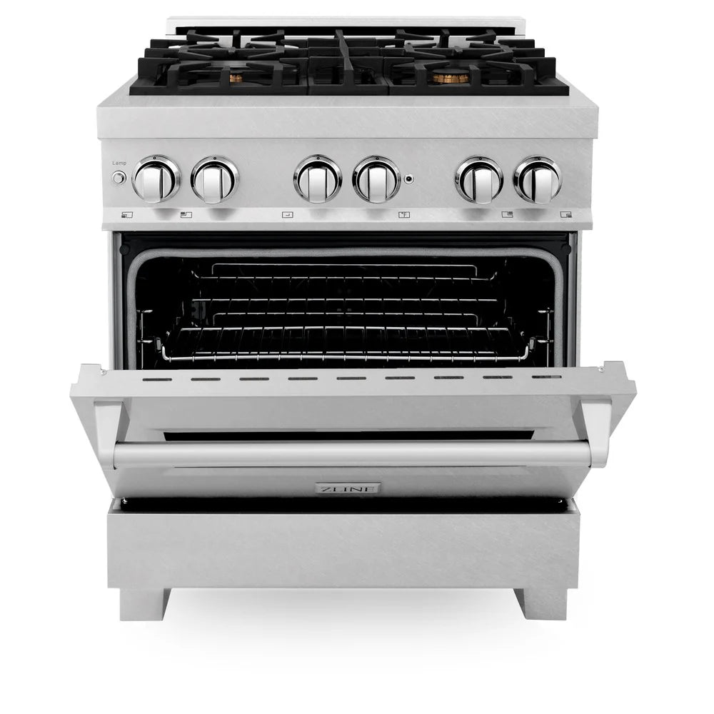 ZLINE 30" 4.0 cu. ft. Dual Fuel Range with Gas Stove and Electric Oven in DuraSnow Stainless Steel and Brass Burners