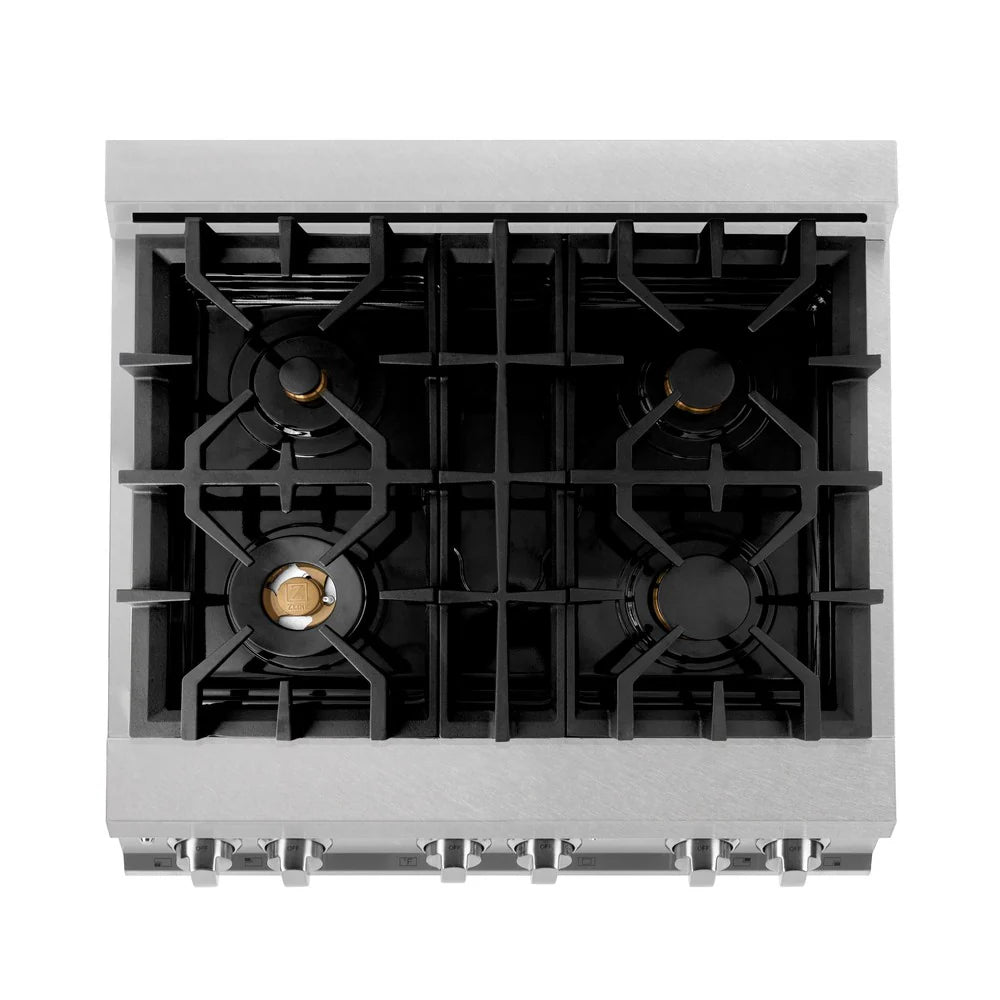 ZLINE 30" 4.0 cu. ft. Dual Fuel Range with Gas Stove and Electric Oven in DuraSnow Stainless Steel and Brass Burners