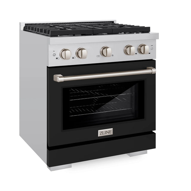 ZLINE 30 in. 4.2 cu. ft. 4 Burner Gas Range with Convection Gas Oven in DuraSnow® Stainless Steel with Black Matte Door