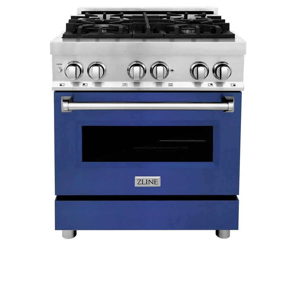 ZLINE 30" Kitchen Package with DuraSnow Stainless Steel Dual Fuel Range and Convertible Vent Range Hood in Blue Matte