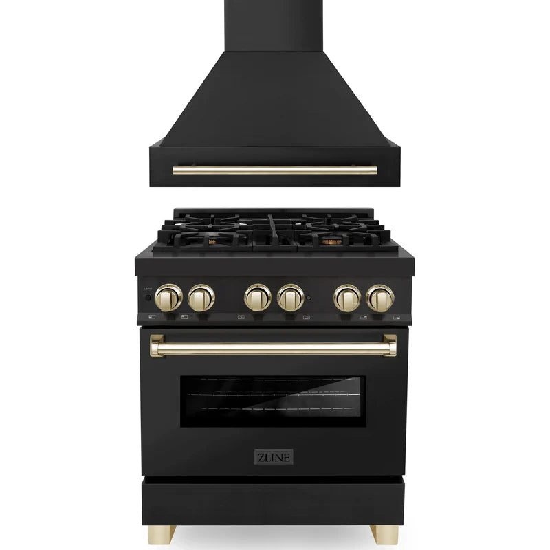 ZLINE 30" Autograph Edition Kitchen Package with Black Stainless Steel Dual Fuel Range and Range Hood with Gold Accents