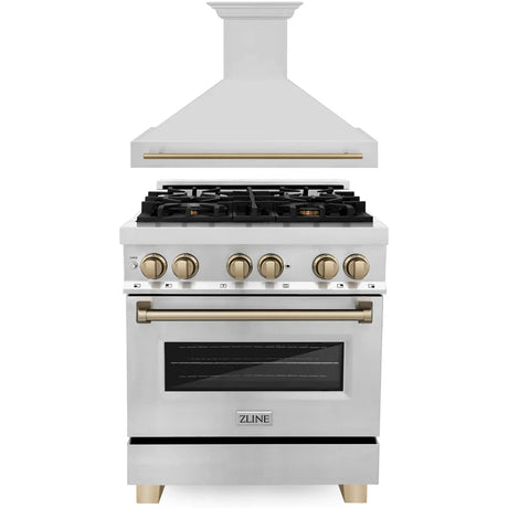 ZLINE 30" Autograph Edition Kitchen Package with Stainless Steel Dual Fuel Range and Range Hood with Champagne Bronze Accents