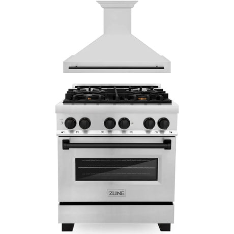 ZLINE 30" Autograph Edition Kitchen Package with Stainless Steel Dual Fuel Range and Range Hood with Matte Black Accents