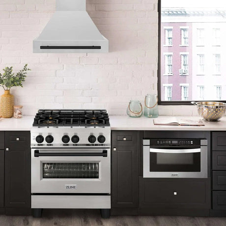 ZLINE 30" Autograph Edition Kitchen Package with Stainless Steel Dual Fuel Range and Range Hood with Matte Black Accents