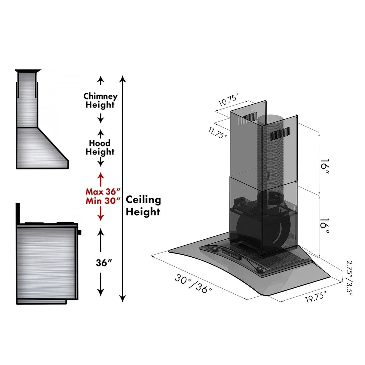 ZLINE 30" Convertible Vent Wall Mount Range Hood in Stainless Steel & Glass with Crown Molding