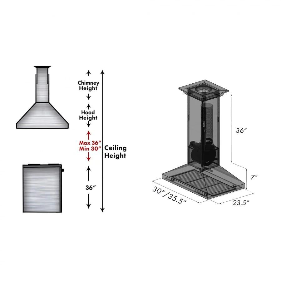 ZLINE 30" Designer Series Hand Hammered Copper Convertible Vent Island Mount Range Hood dimensions