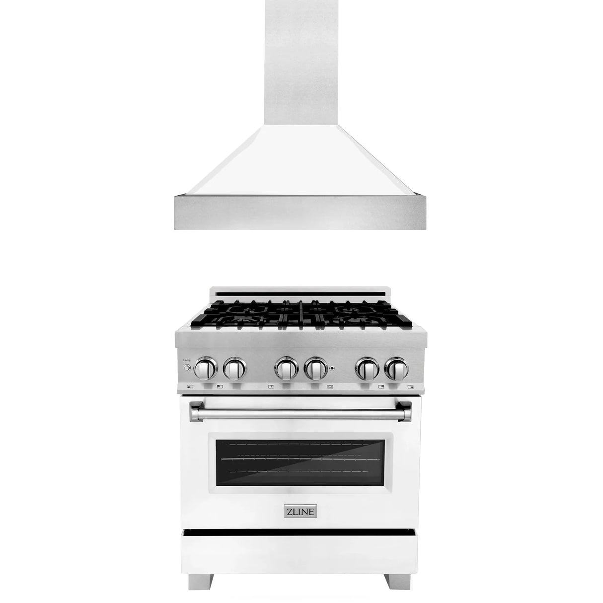 ZLINE 30" Kitchen Package with DuraSnow Stainless Steel Dual Fuel Range with White Matte Door and Convertible Vent Range Hood