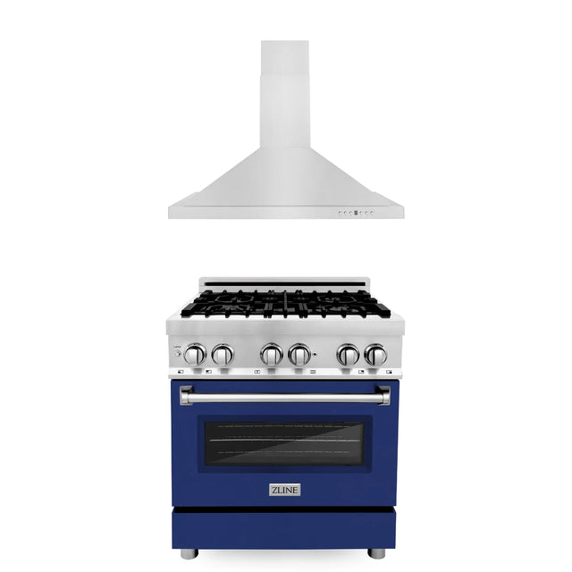 ZLINE 30" Kitchen Package with Dual Fuel Range in Blue Gloss Door and Convertible Vent Range Hood