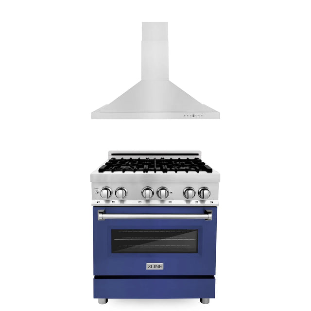 ZLINE 30" Kitchen Package with DuraSnow Stainless Steel Dual Fuel Range and Convertible Vent Range Hood in Blue Matte