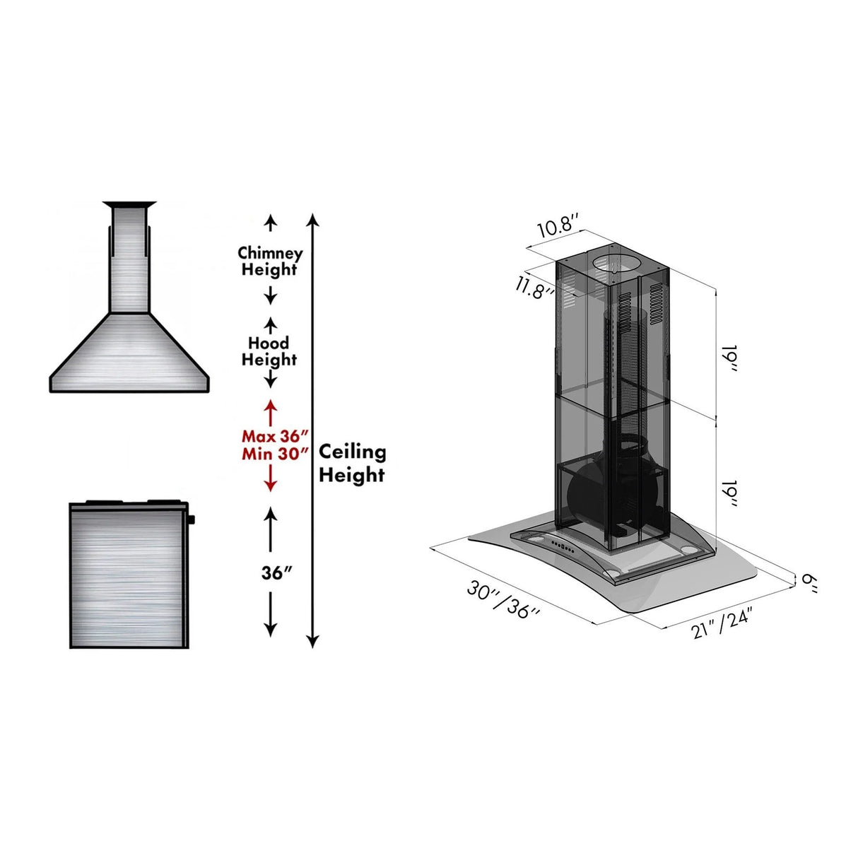 ZLINE 30" Convertible Vent Island Mount Range Hood in Stainless Steel & Glass