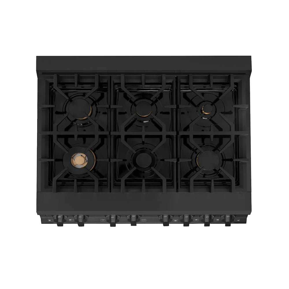 ZLINE 36" Dual Fuel Range in Black Stainless Steel with Brass Burners (RAB-BR-36)