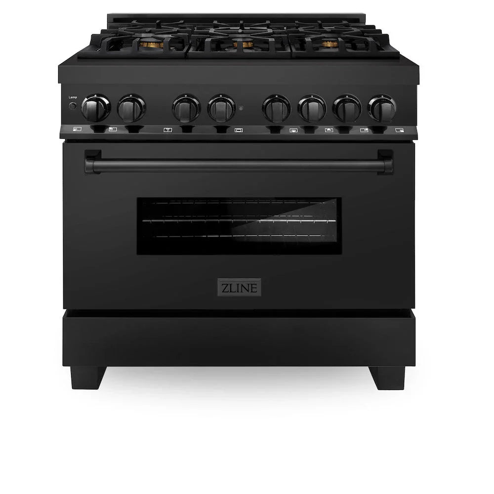 ZLINE 36" Dual Fuel Range in Black Stainless Steel with Brass Burners (RAB-BR-36)