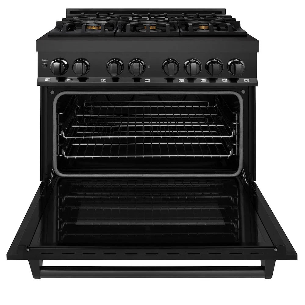 ZLINE 36" Dual Fuel Range in Black Stainless Steel with Brass Burners (RAB-BR-36)