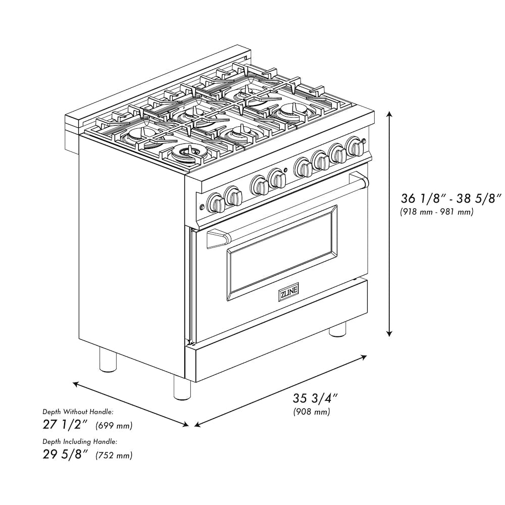 ZLINE 36" 4.6 cu. ft. Dual Fuel Range with Gas Stove and Electric Oven in Black Stainless Steel with Brass Burners