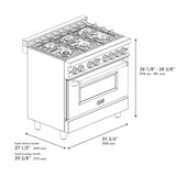 ZLINE 36" 4.6 cu. ft. Dual Fuel Range with Gas Stove and Electric Oven in Black Stainless Steel with Brass Burners