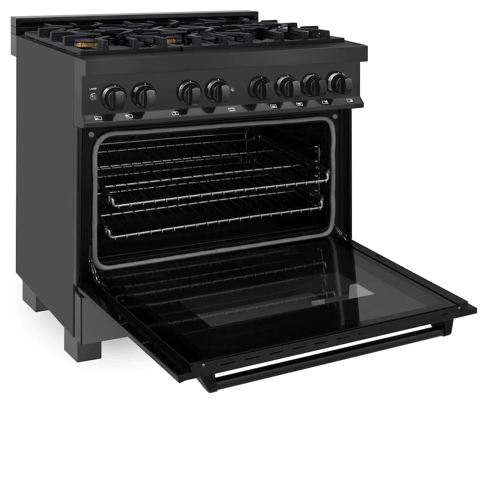 ZLINE 36" 4.6 cu. ft. Dual Fuel Range with Gas Stove and Electric Oven in Black Stainless Steel with Brass Burners