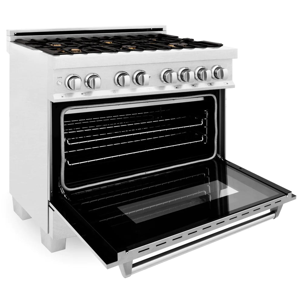 ZLINE 36" 4.6 cu. ft. Dual Fuel Range with Gas Stove and Electric Oven in DuraSnow Stainless Steel and Brass Burners