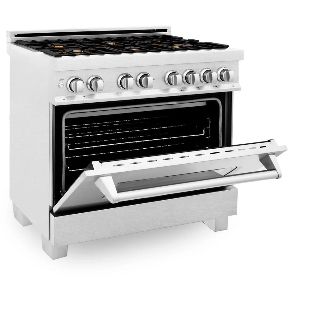 ZLINE 36" 4.6 cu. ft. Dual Fuel Range with Gas Stove and Electric Oven in DuraSnow Stainless Steel and Brass Burners